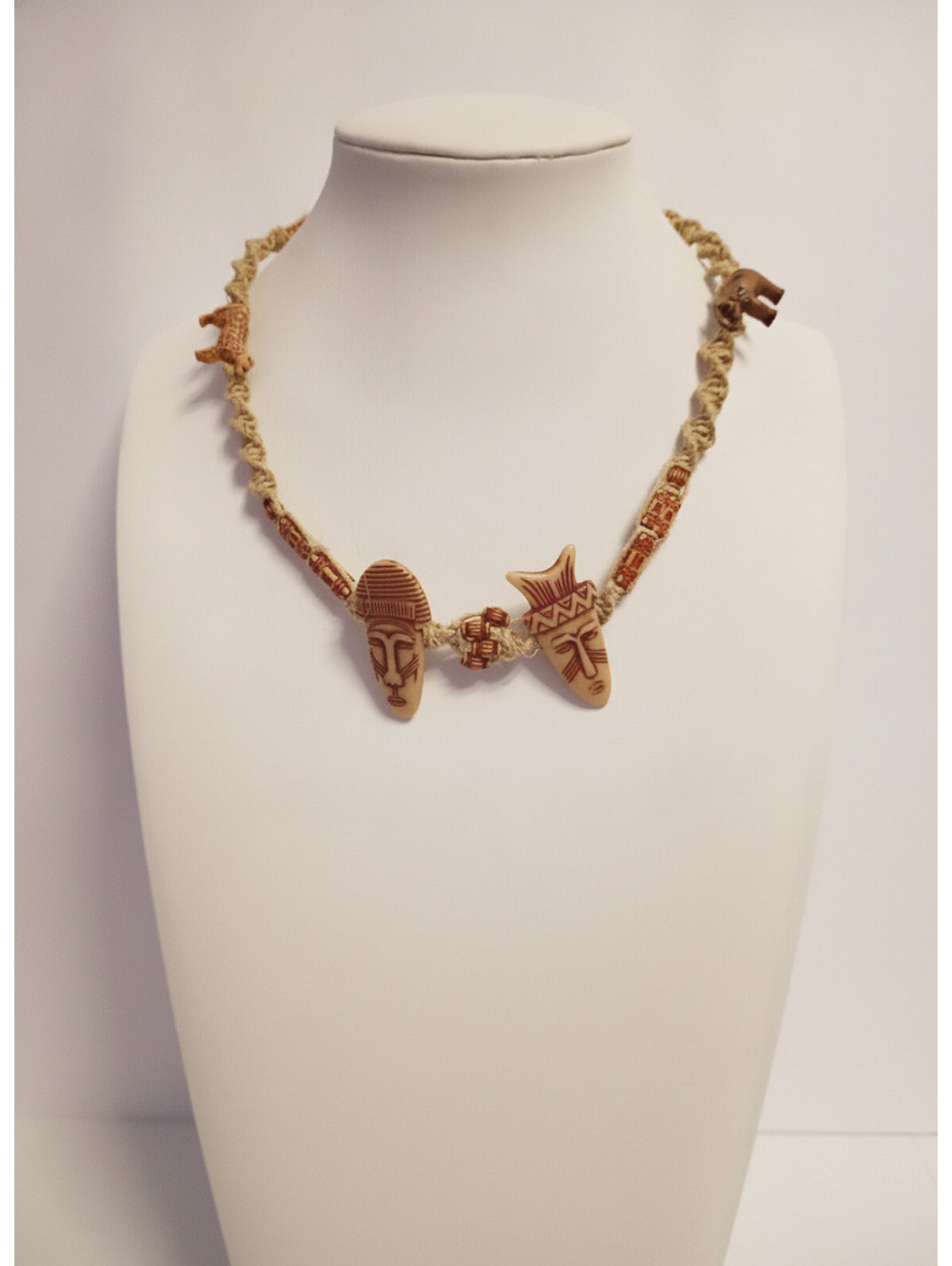 Vintage Braided Rope Choker Necklace with Tribal Face and Animal beads